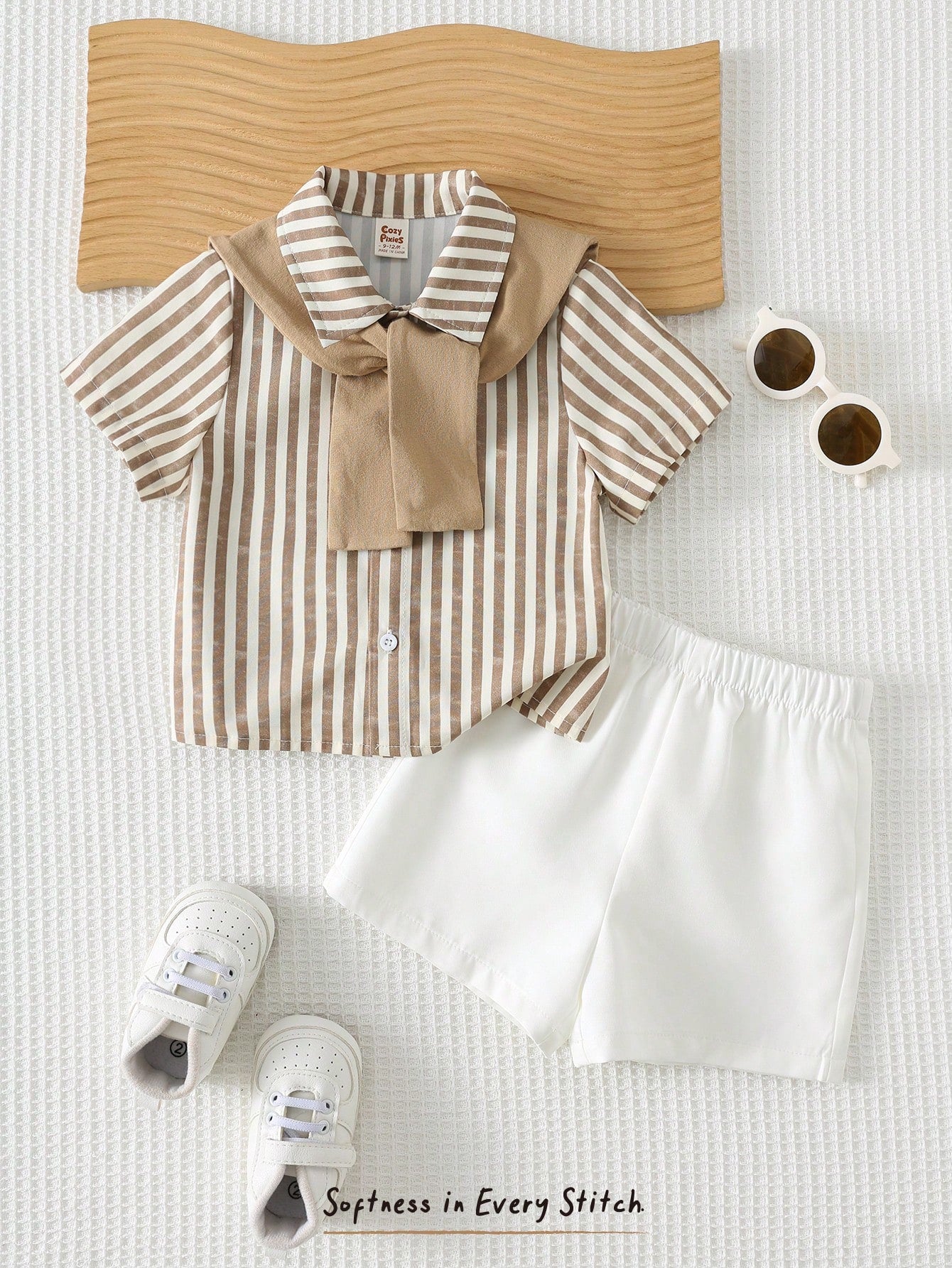 SHEIN Cozy Pixies 3pcs Baby Boy White Summer Casual Carrer Day Back-To-School Striped Short Sleeve Shirt,Cardigan Shawl & Elastic Shorts Set Toddler Boy Linen Clothes