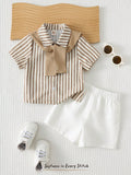 SHEIN Cozy Pixies 3pcs Baby Boy White Summer Casual Carrer Day Back-To-School Striped Short Sleeve Shirt,Cardigan Shawl & Elastic Shorts Set Toddler Boy Linen Clothes