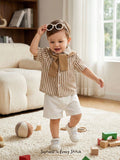 SHEIN Cozy Pixies 3pcs Baby Boy White Summer Casual Carrer Day Back-To-School Striped Short Sleeve Shirt,Cardigan Shawl & Elastic Shorts Set Toddler Boy Linen Clothes