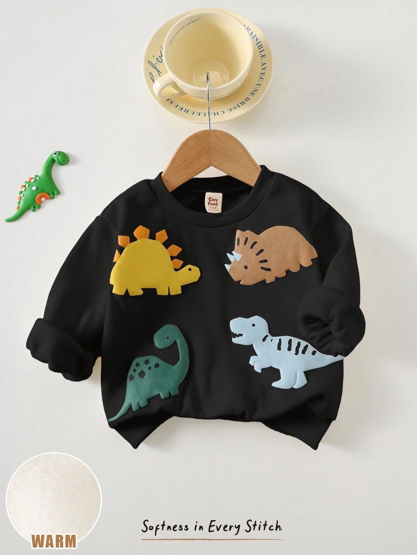SHEIN Cozy Pixies Baby Boy Cartoon 3D Dinosaur Pattern Knitted Soft Crew Neck Long Sleeve Pullover Autumn Sweatshirt