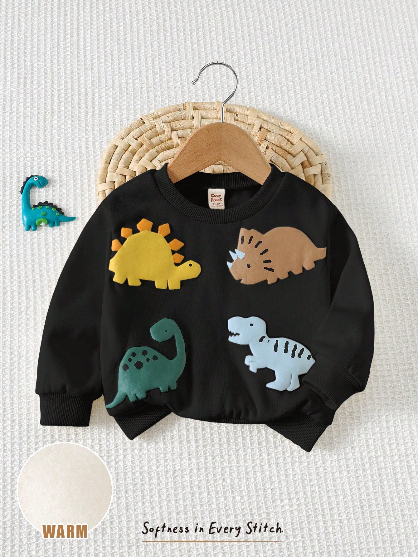 SHEIN Cozy Pixies Baby Boy Cartoon 3D Dinosaur Pattern Knitted Soft Crew Neck Long Sleeve Pullover Autumn Sweatshirt