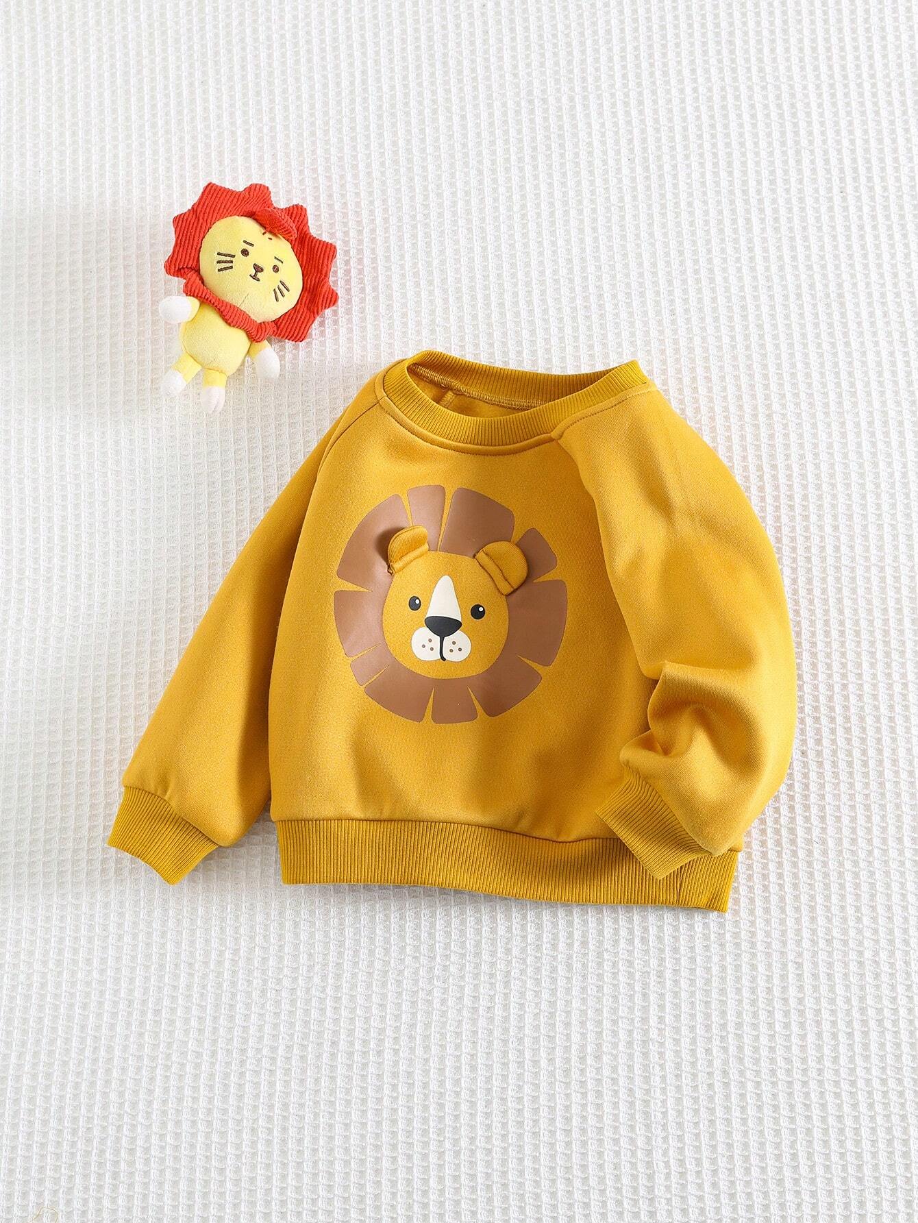 SHEIN Cozy Pixies Baby Boy Cartoon Lion Pattern Raglan 3D Ear Crew Neck Pullover Sweatshirt,In Fall/Winter