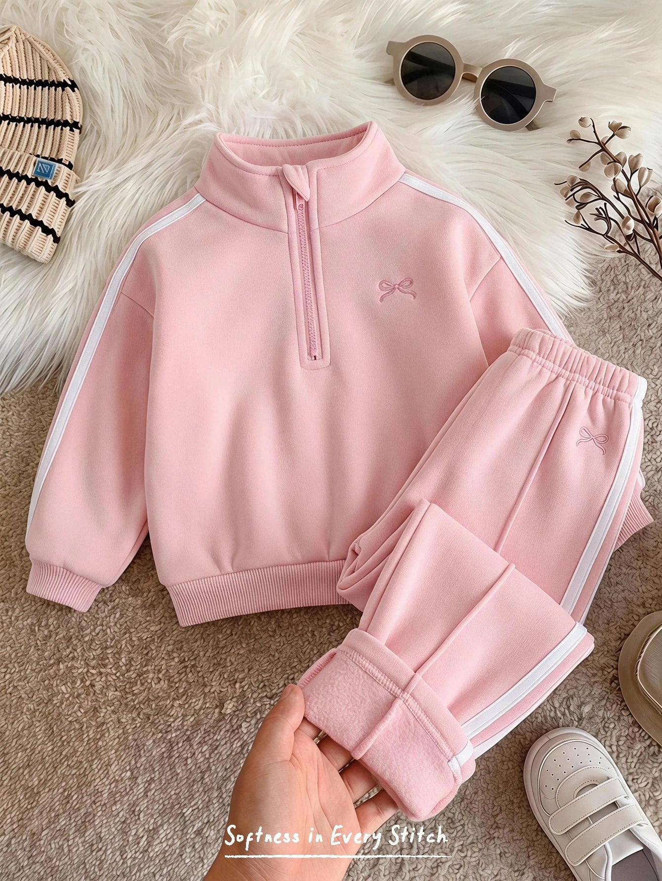 SHEIN Cozy Pixies Babygirl Autumn/Winter Fleece Personalized Fashion Embroidered Letter Zipper Hoodie & Long Pants 2 Pieces Set, Suitable For Outings, Other Occasions