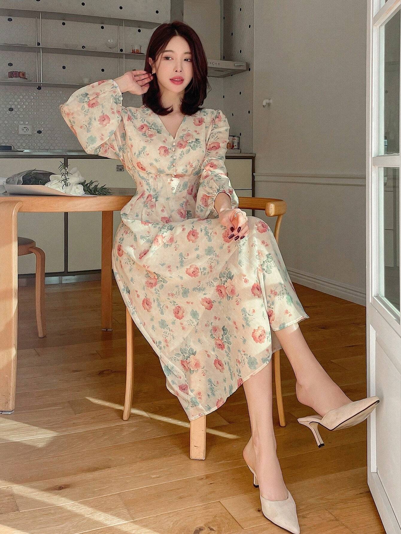  | SHEIN DAZY Chiffon Bohemian Floral Print V-Neck Dress With Buttons, Long Sleeve, High Waisted And Floor-Length | Dress | Shein | OneHub