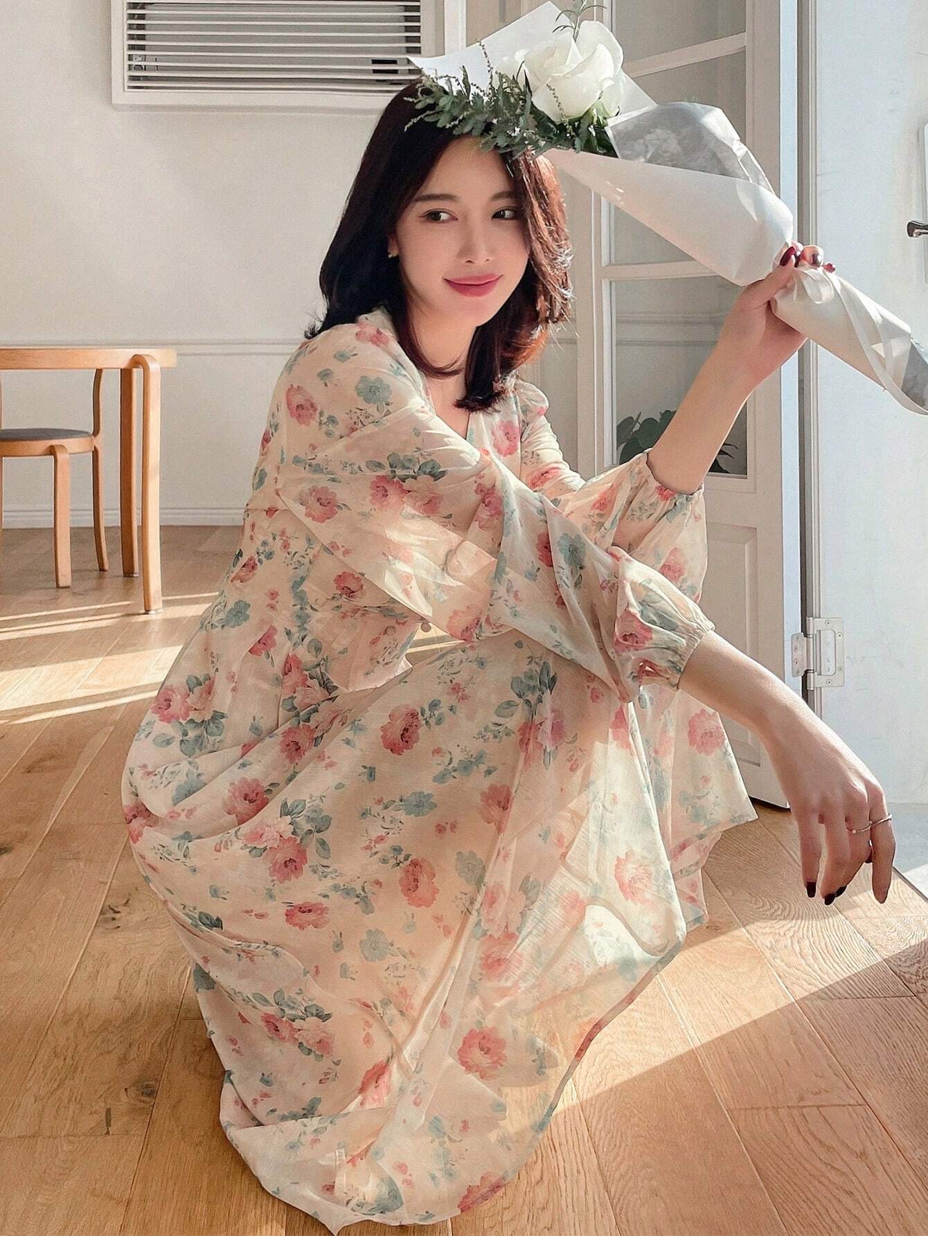 chiffon dresses shein SHEIN BAE Solid Yellow Sheer Ruched Dress, Elegant Chiffon Long Dress For Women, Spring/Summer,Dresses For Women Summer