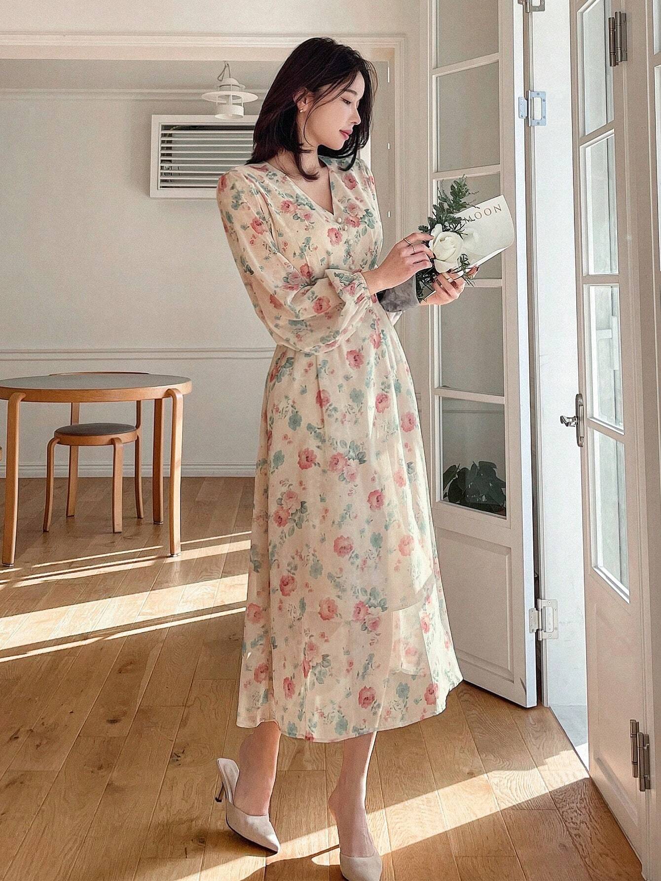 chiffon dress sheine SHEIN Tween Girls'Elegant Minimalist V-Neck Ruffle Collar High Waist Chiffon Dress,Beige,Summer,Casual,Party Graduation/Wedding Flower Girl Dress