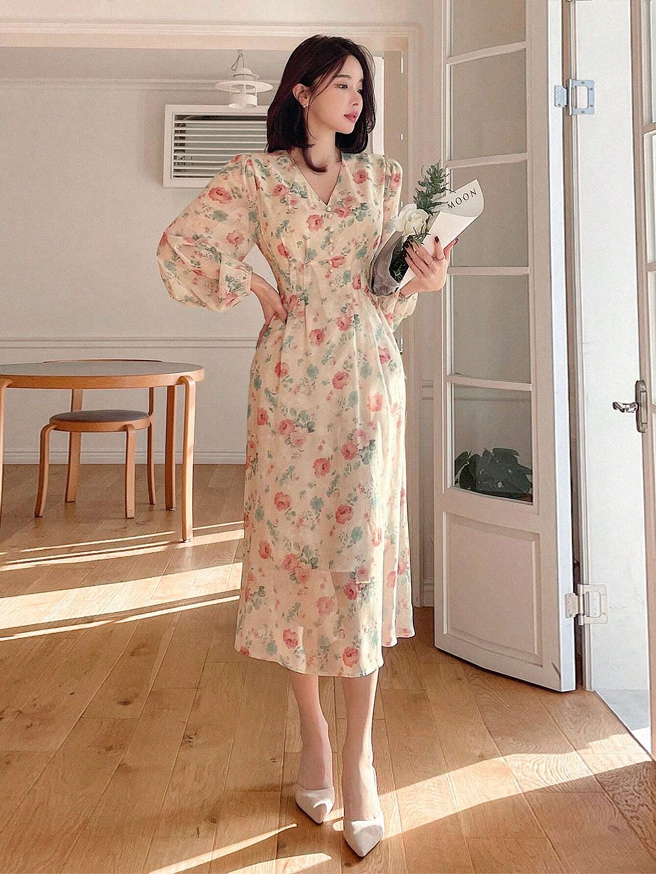  | SHEIN DAZY Chiffon Bohemian Floral Print V-Neck Dress With Buttons, Long Sleeve, High Waisted And Floor-Length | Dress | Shein | OneHub