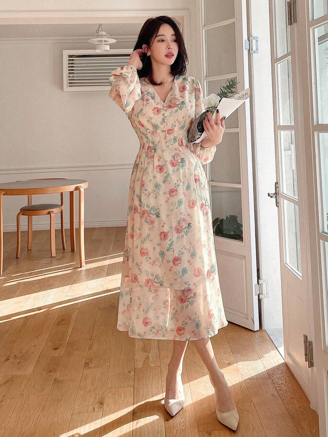 SHEIN DAZY Chiffon Bohemian Floral Print V-Neck Dress With Buttons, Lo | Dress