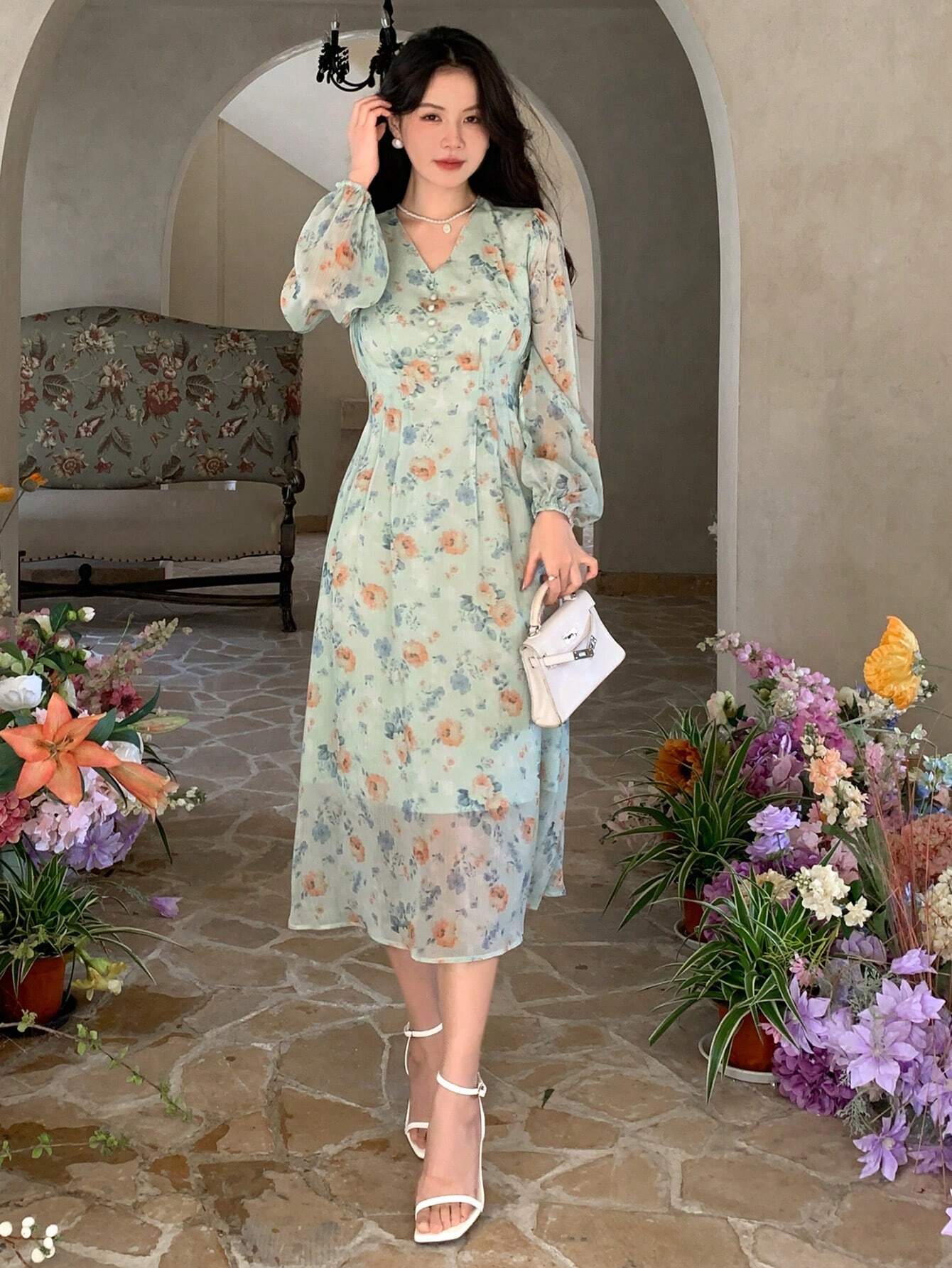 SHEIN DAZY Chiffon Ditsy Floral V-Neck Cinched Waist High Waist Long S | Dress | OneHub SHEIN DAZY Chiffon Ditsy Floral V-Neck Cinched Waist High Waist Long S | Dress | OneHub