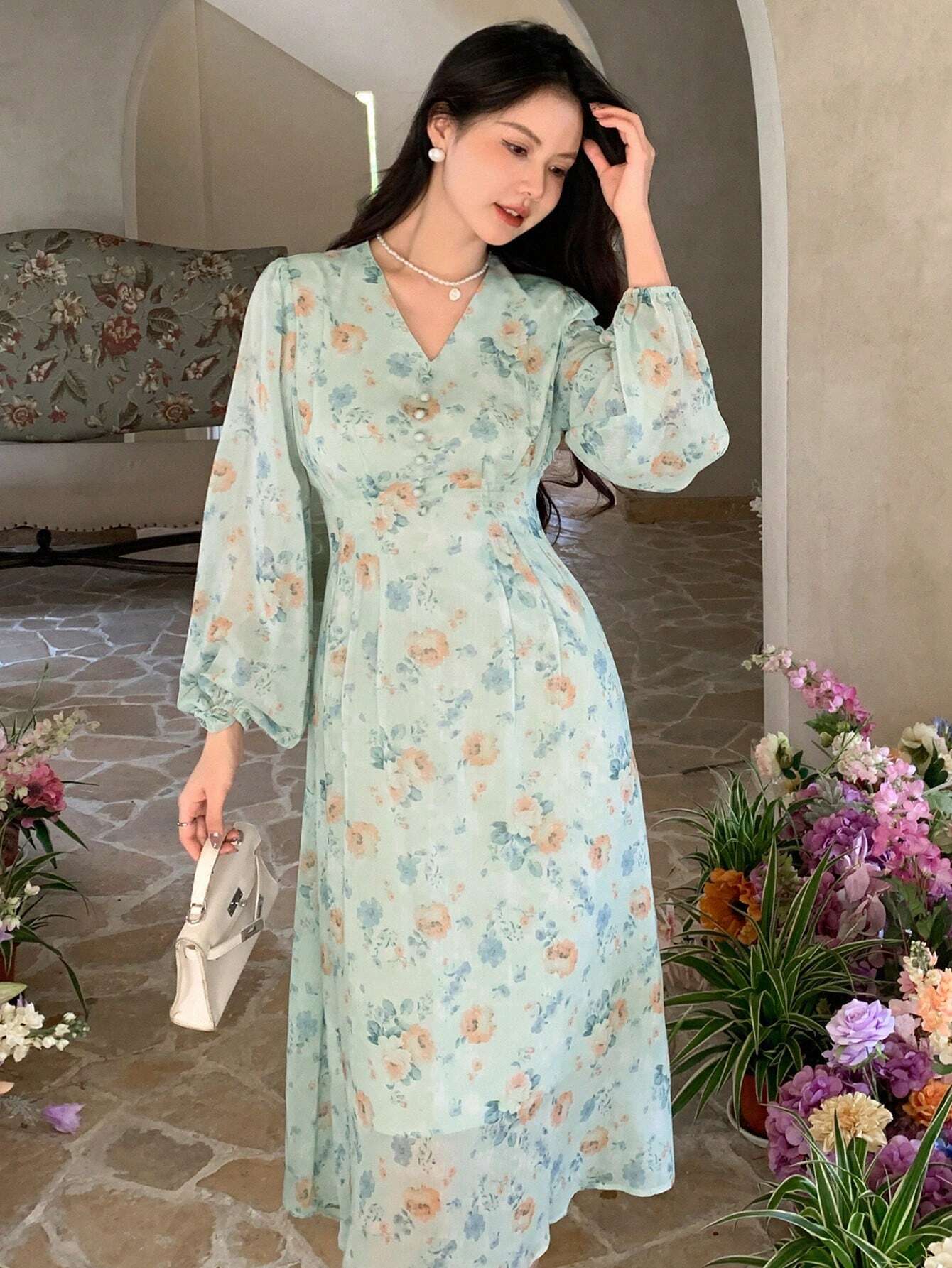  | SHEIN DAZY Chiffon Ditsy Floral V-Neck Cinched Waist High Waist Long Sleeve Dress | Dress | Shein | OneHub