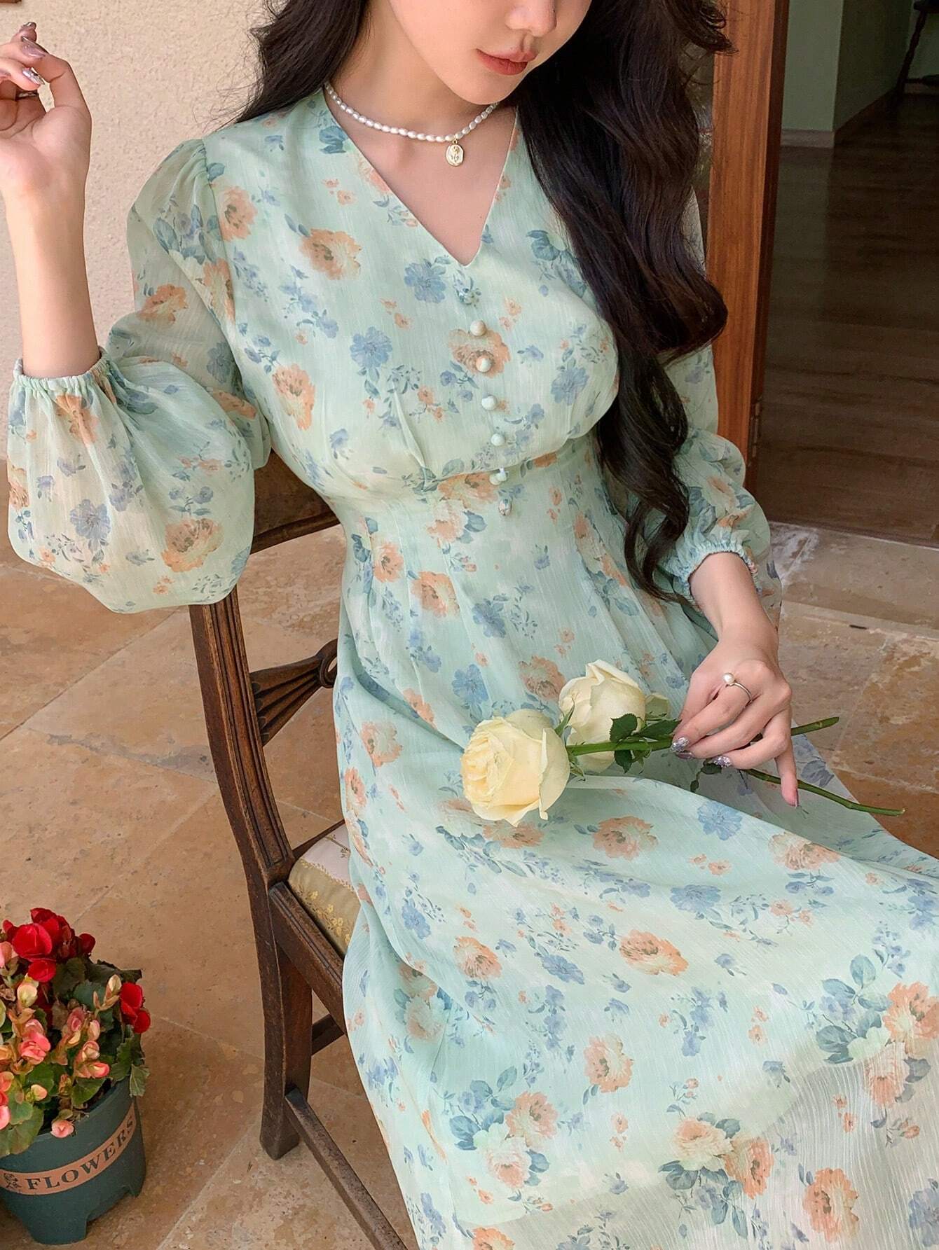  | SHEIN DAZY Chiffon Ditsy Floral V-Neck Cinched Waist High Waist Long Sleeve Dress | Dress | Shein | OneHub