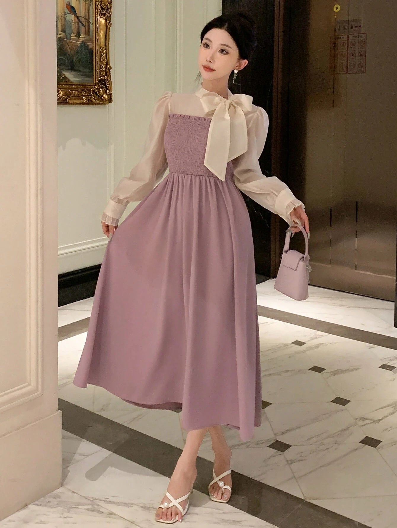  | SHEIN DAZY Colorblock Tie Neck Puff Sleeve Elegant Dress | Dress | Shein | OneHub