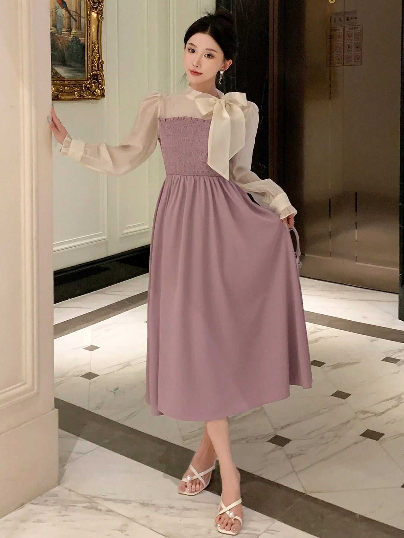  | SHEIN DAZY Colorblock Tie Neck Puff Sleeve Elegant Dress | Dress | Shein | OneHub