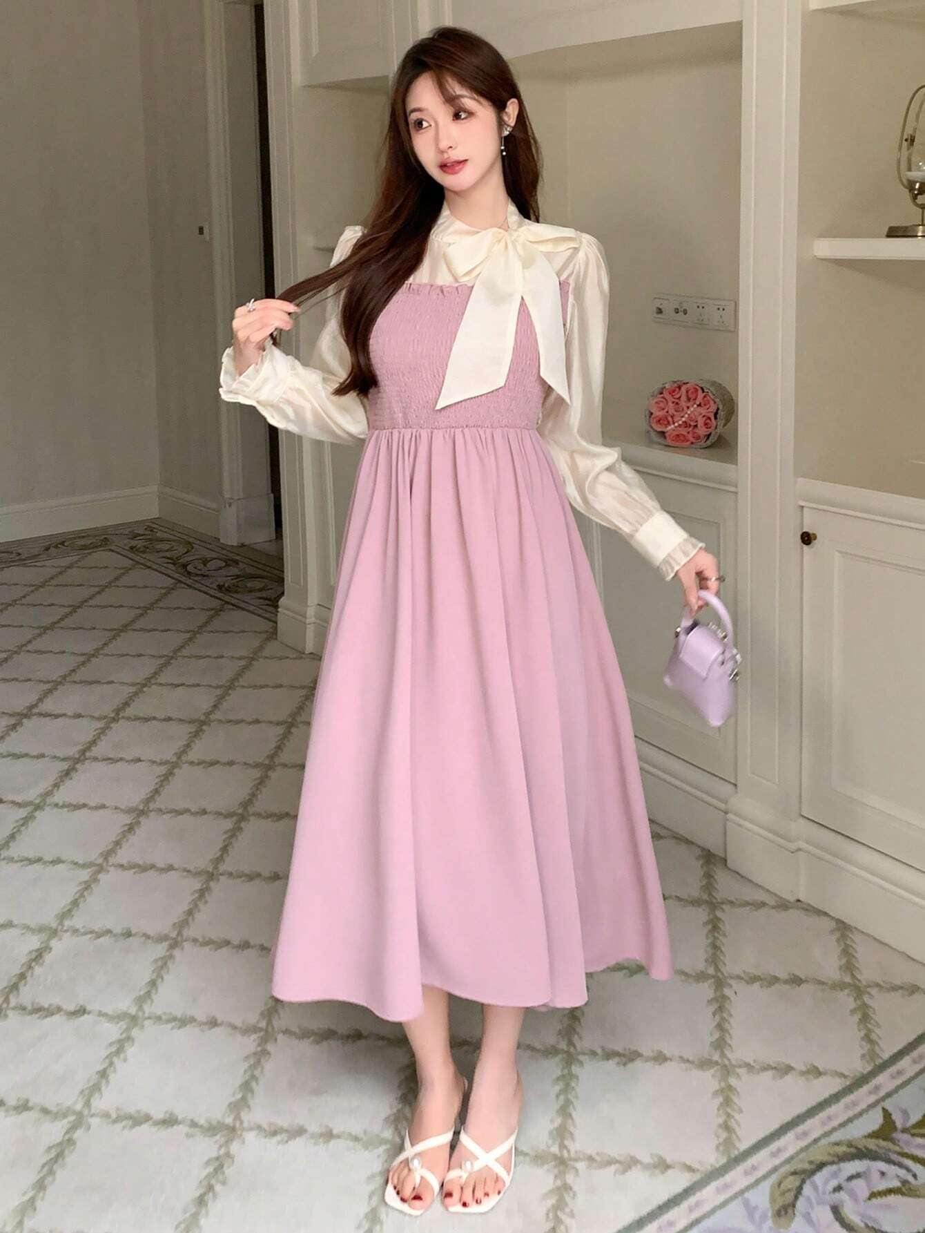  | SHEIN DAZY Colorblock Tie Neck Puff Sleeve Elegant Dress | Dress | Shein | OneHub