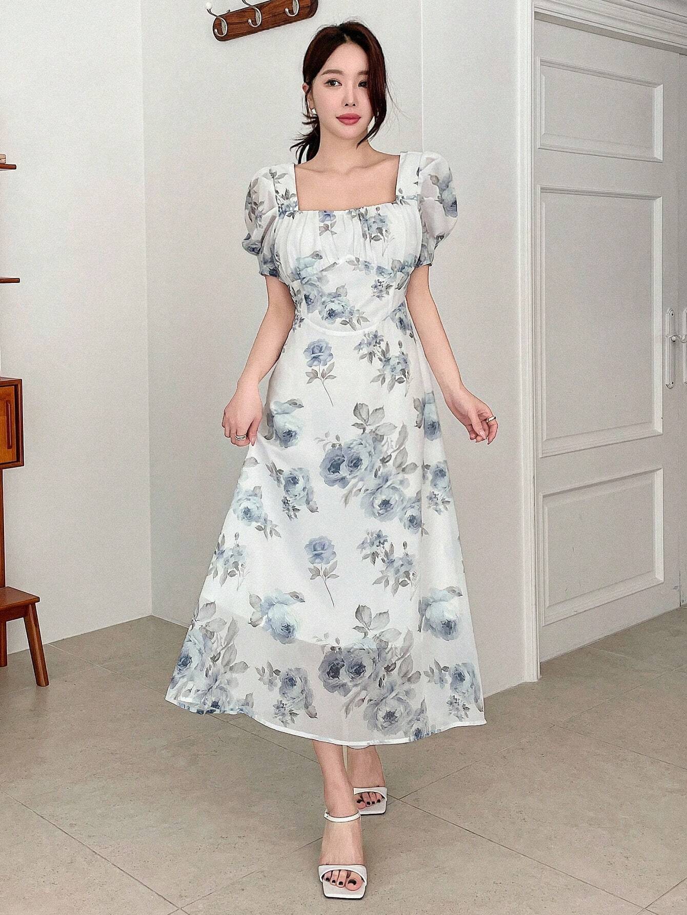  | SHEIN DAZY Elegant Floral Print Square Neck Puff Sleeve Dress For Spring And Summer | Dress | Shein | OneHub