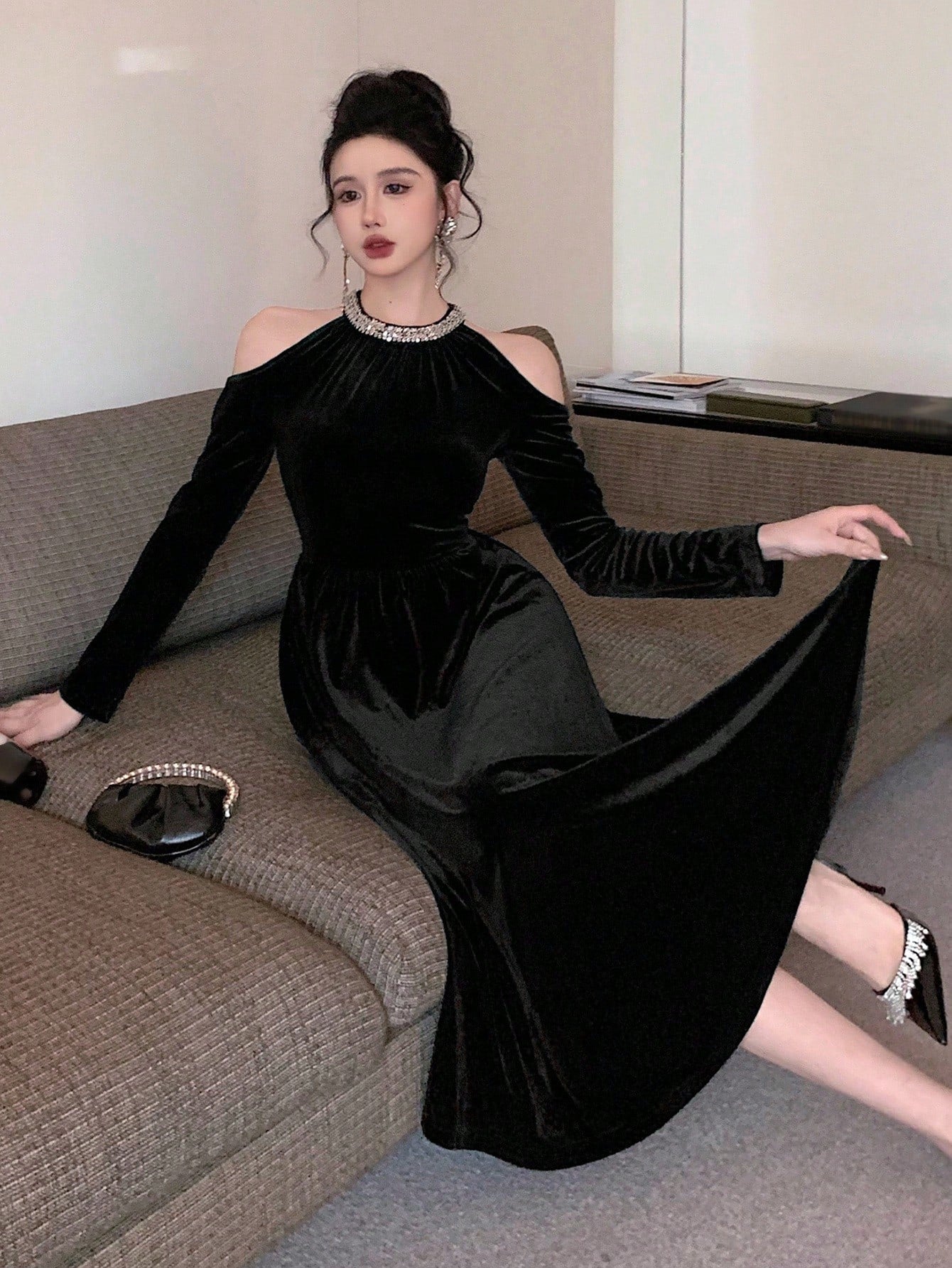 SHEIN DAZY Elegant Party Dress With Shoulder Cut-Out & Rhinestone Decor, Mid-Length For Women, Autumn Prom Dress