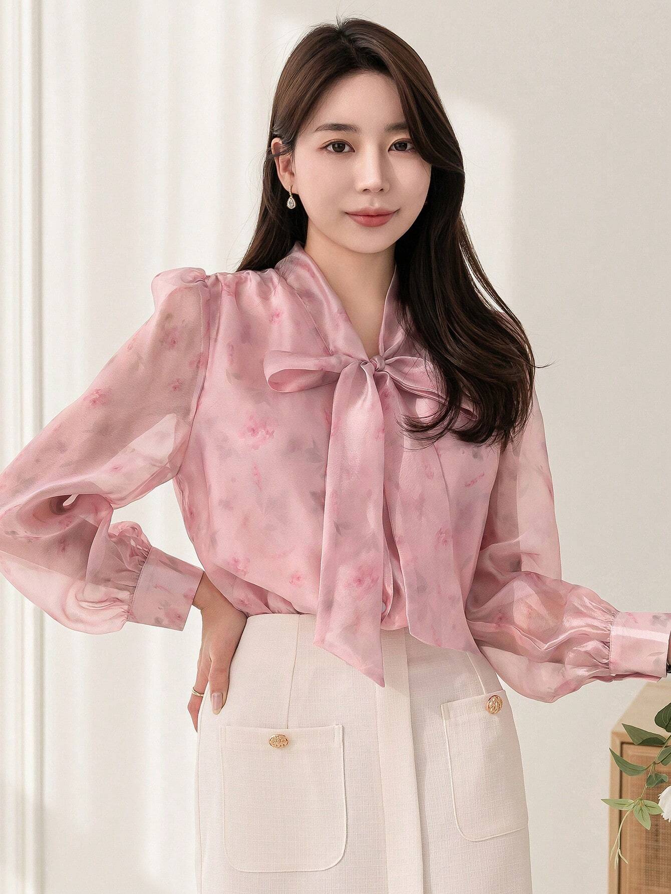  | SHEIN DAZY Floral Print Collar Bow Tie Decorated Long Sleeve Shirt | Blouse | Shein | OneHub