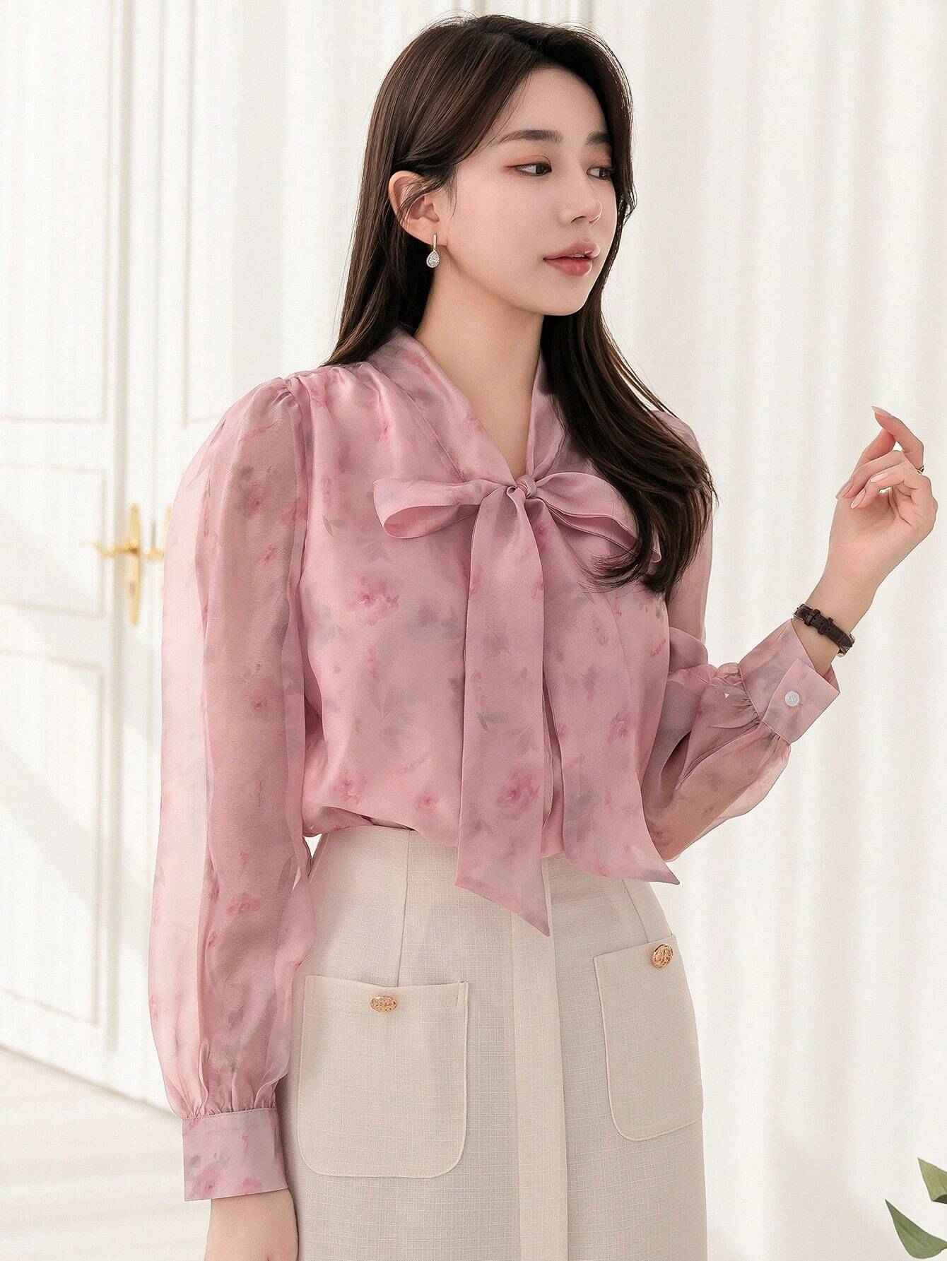  | SHEIN DAZY Floral Print Collar Bow Tie Decorated Long Sleeve Shirt | Blouse | Shein | OneHub