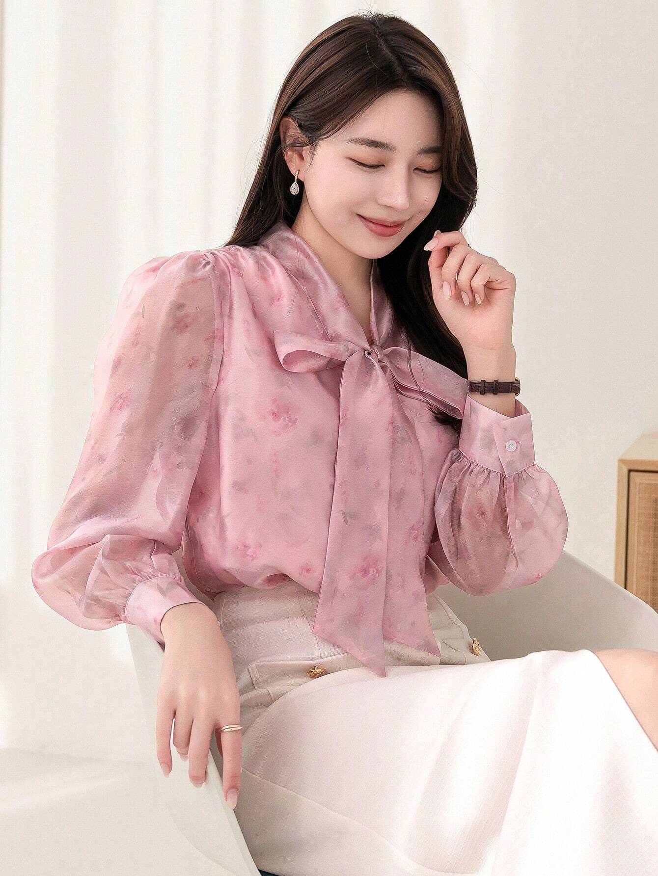  | SHEIN DAZY Floral Print Collar Bow Tie Decorated Long Sleeve Shirt | Blouse | Shein | OneHub