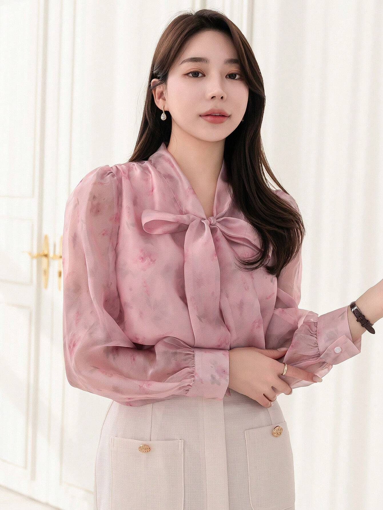  | SHEIN DAZY Floral Print Collar Bow Tie Decorated Long Sleeve Shirt | Blouse | Shein | OneHub