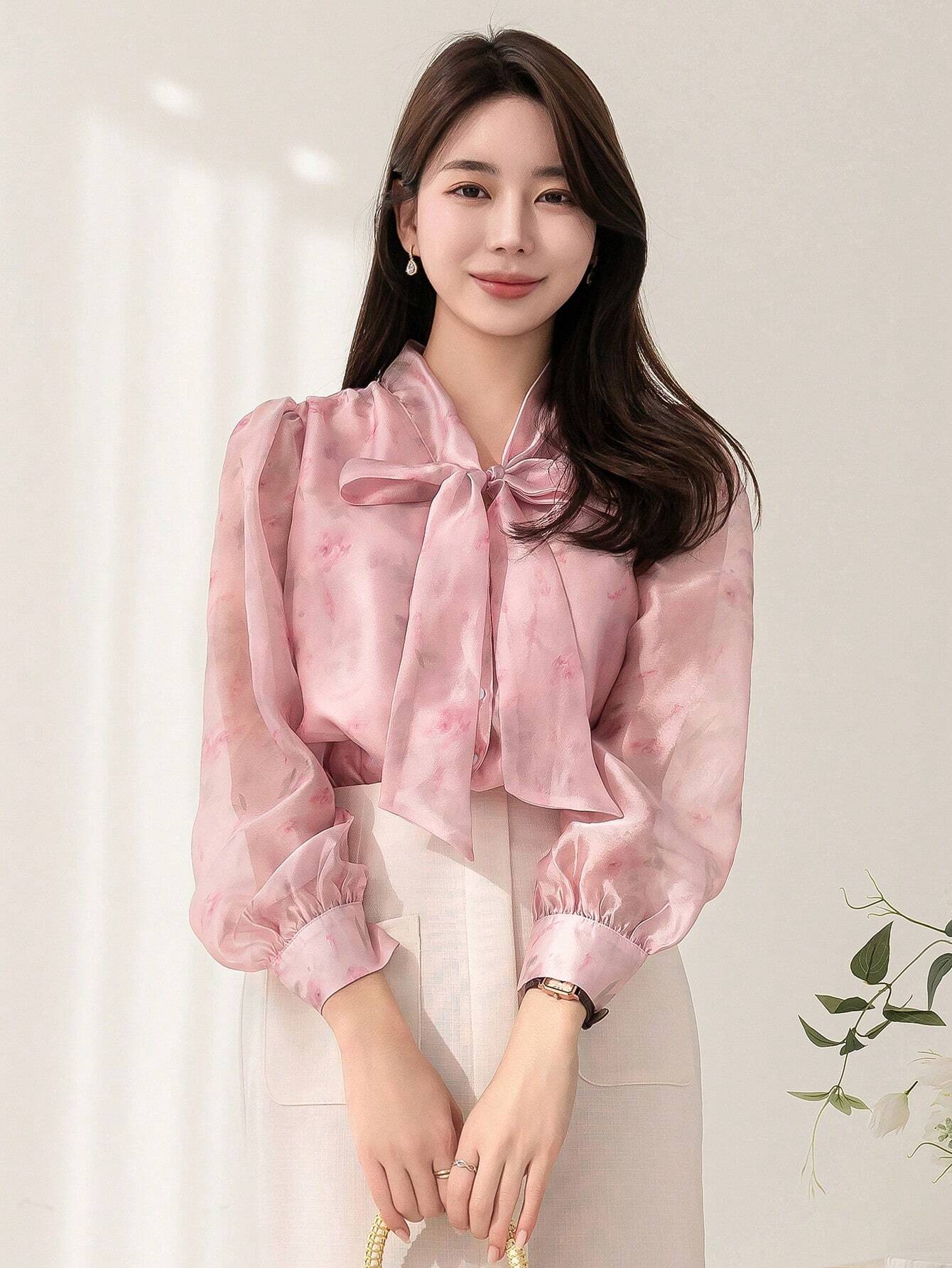  | SHEIN DAZY Floral Print Collar Bow Tie Decorated Long Sleeve Shirt | Blouse | Shein | OneHub