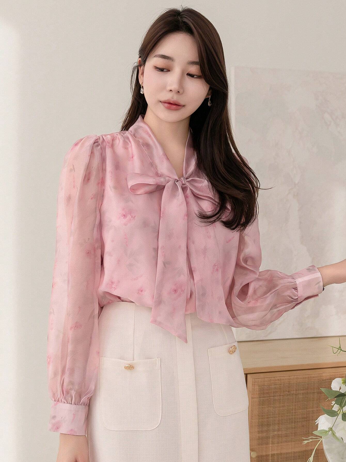  | SHEIN DAZY Floral Print Collar Bow Tie Decorated Long Sleeve Shirt | Blouse | Shein | OneHub