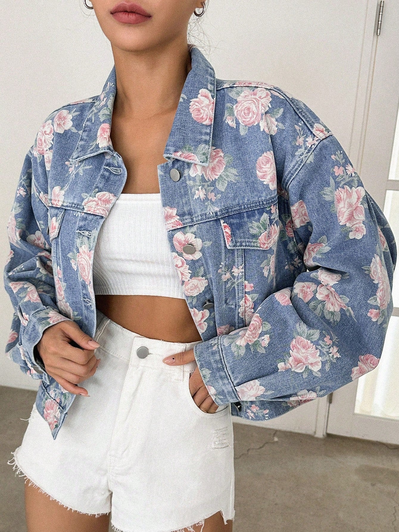 SHEIN DAZY Floral Print Drop Shoulder Flap Pocket Denim Jacket Y2k