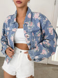 SHEIN DAZY Floral Print Drop Shoulder Flap Pocket Denim Jacket Y2k