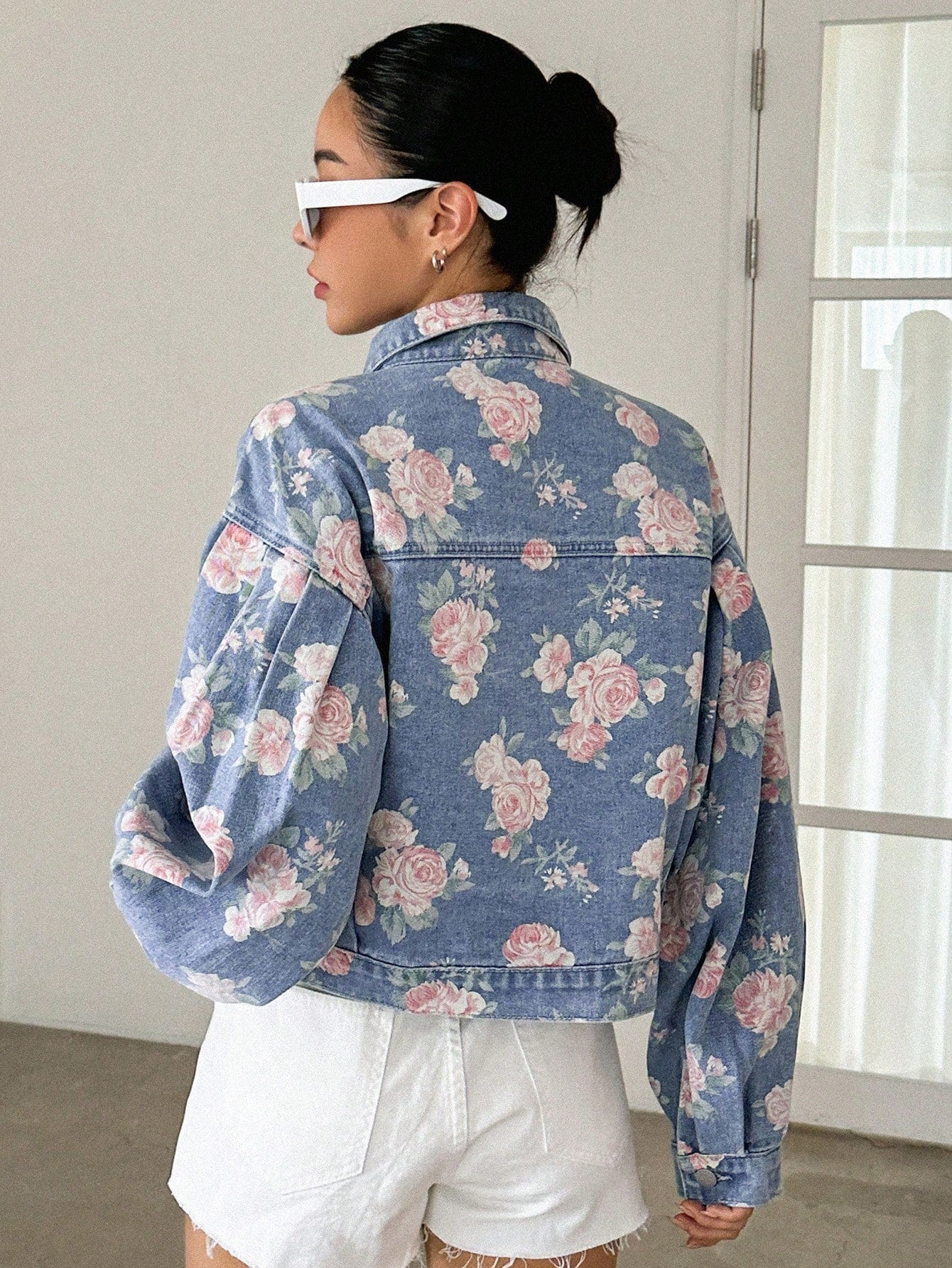SHEIN DAZY Floral Print Drop Shoulder Flap Pocket Denim Jacket Y2k