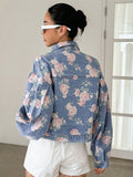 SHEIN DAZY Floral Print Drop Shoulder Flap Pocket Denim Jacket Y2k