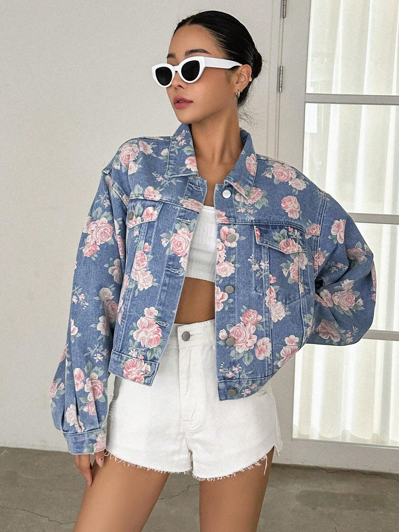 SHEIN DAZY Floral Print Drop Shoulder Flap Pocket Denim Jacket Y2k