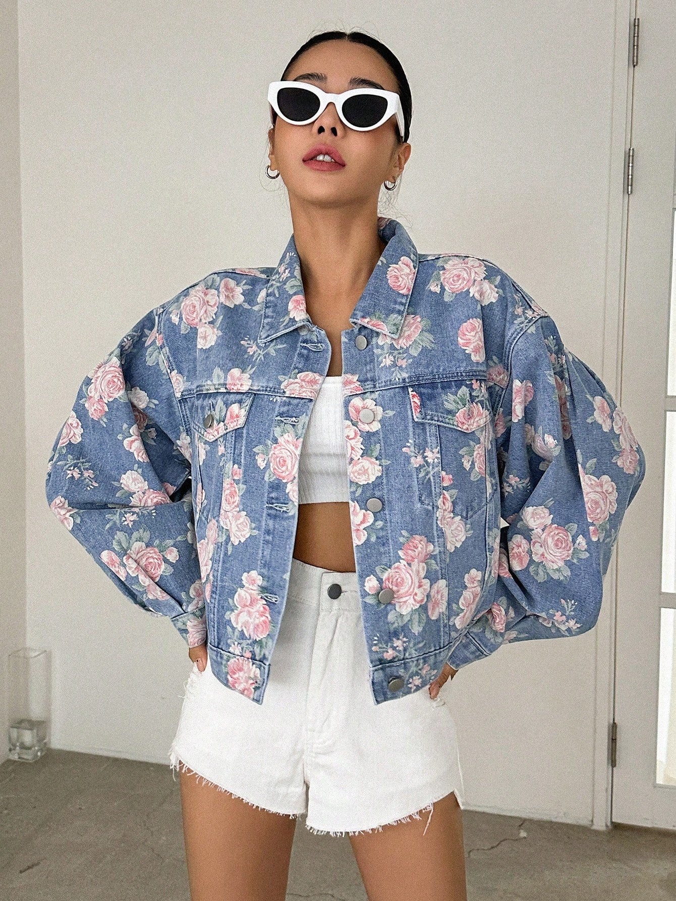 SHEIN DAZY Floral Print Drop Shoulder Flap Pocket Denim Jacket Y2k