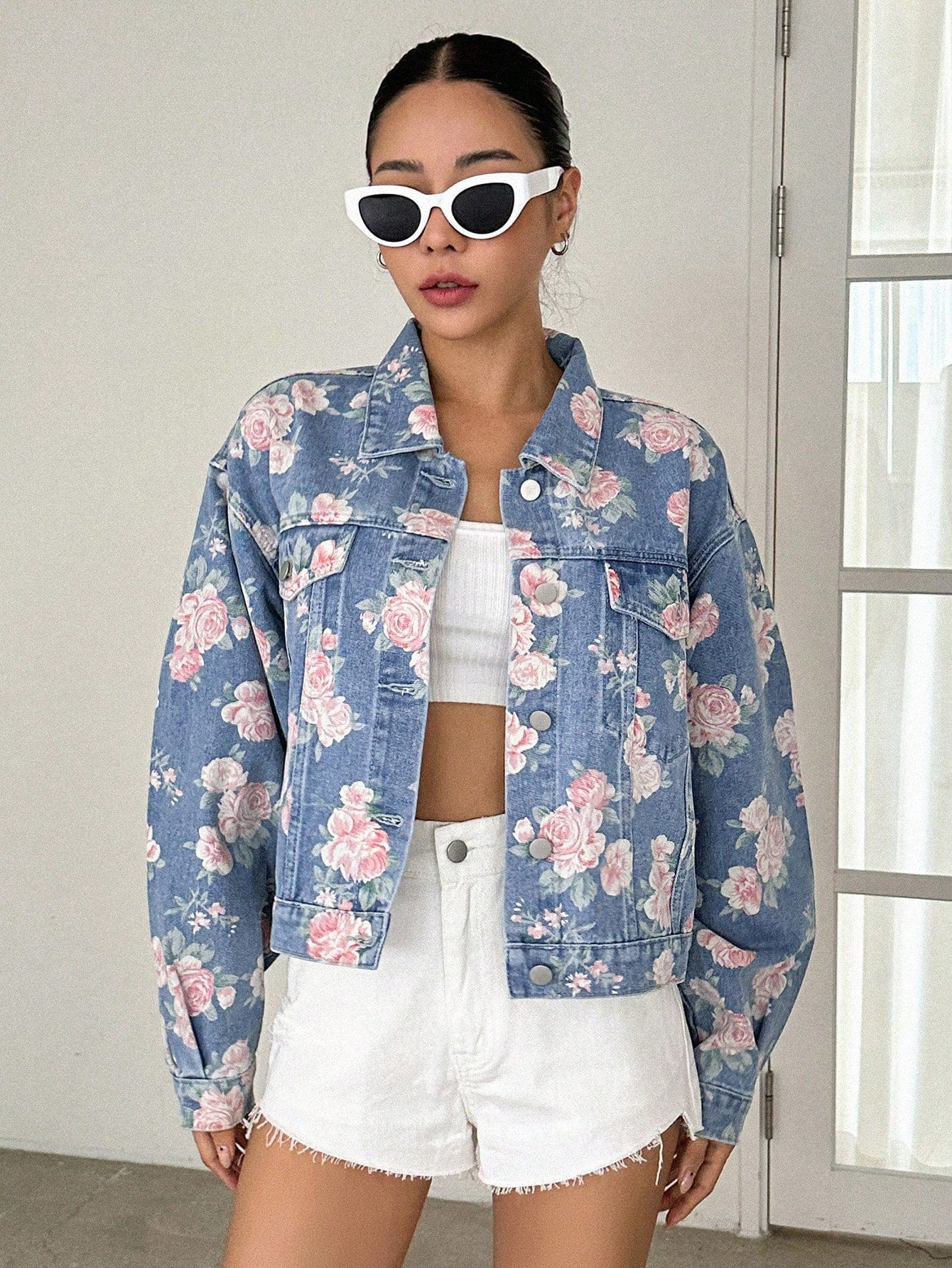SHEIN DAZY Floral Print Drop Shoulder Flap Pocket Denim Jacket Y2k