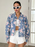 SHEIN DAZY Floral Print Drop Shoulder Flap Pocket Denim Jacket Y2k