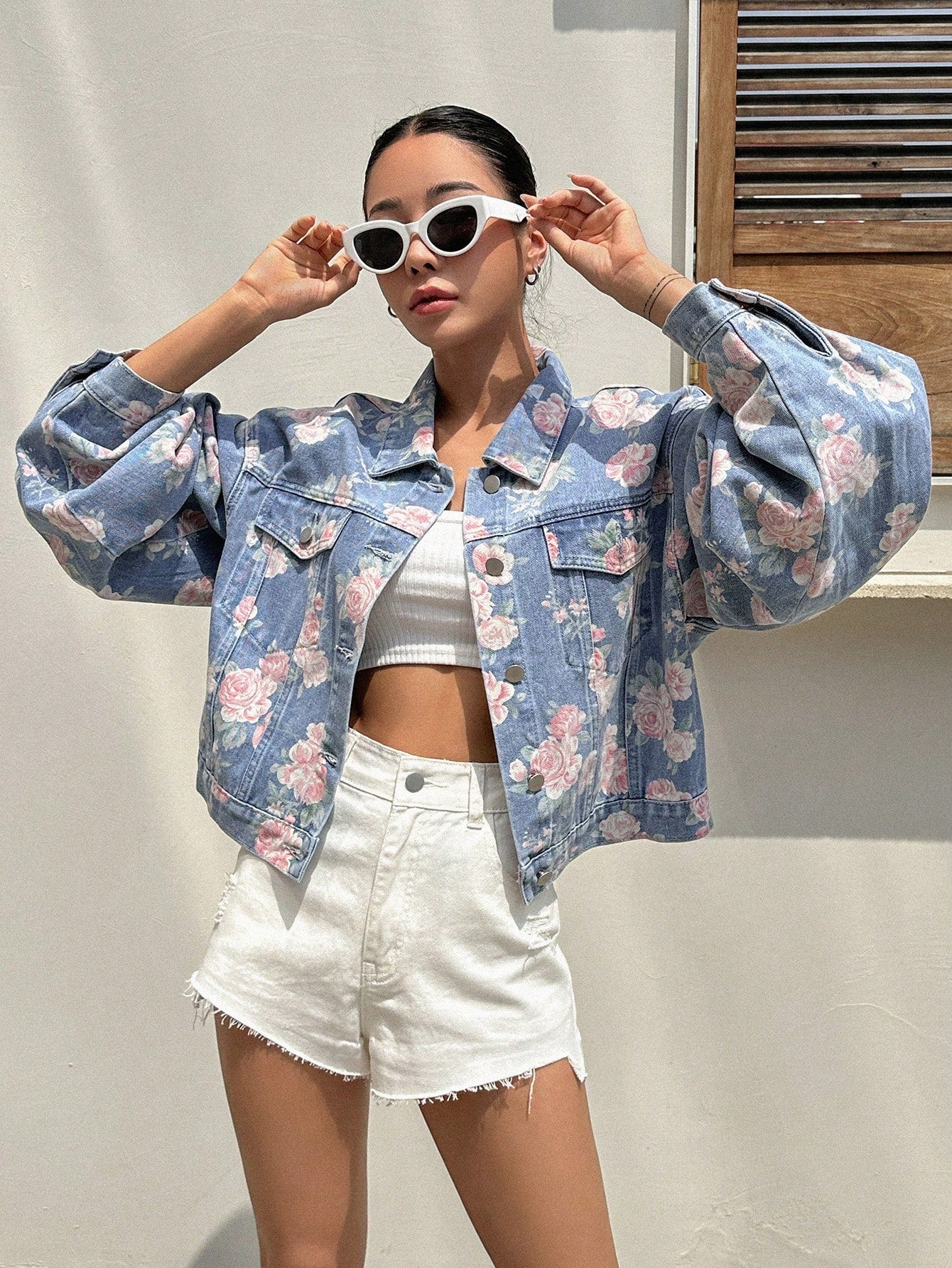 SHEIN DAZY Floral Print Drop Shoulder Flap Pocket Denim Jacket Y2k