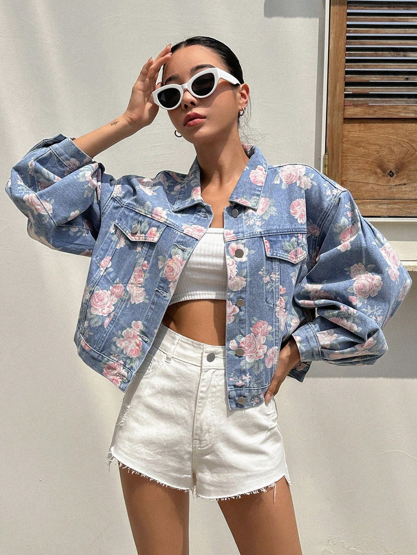 SHEIN DAZY Floral Print Drop Shoulder Flap Pocket Denim Jacket Y2k