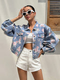 SHEIN DAZY Floral Print Drop Shoulder Flap Pocket Denim Jacket Y2k