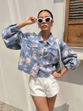 SHEIN DAZY Floral Print Drop Shoulder Flap Pocket Denim Jacket Y2k