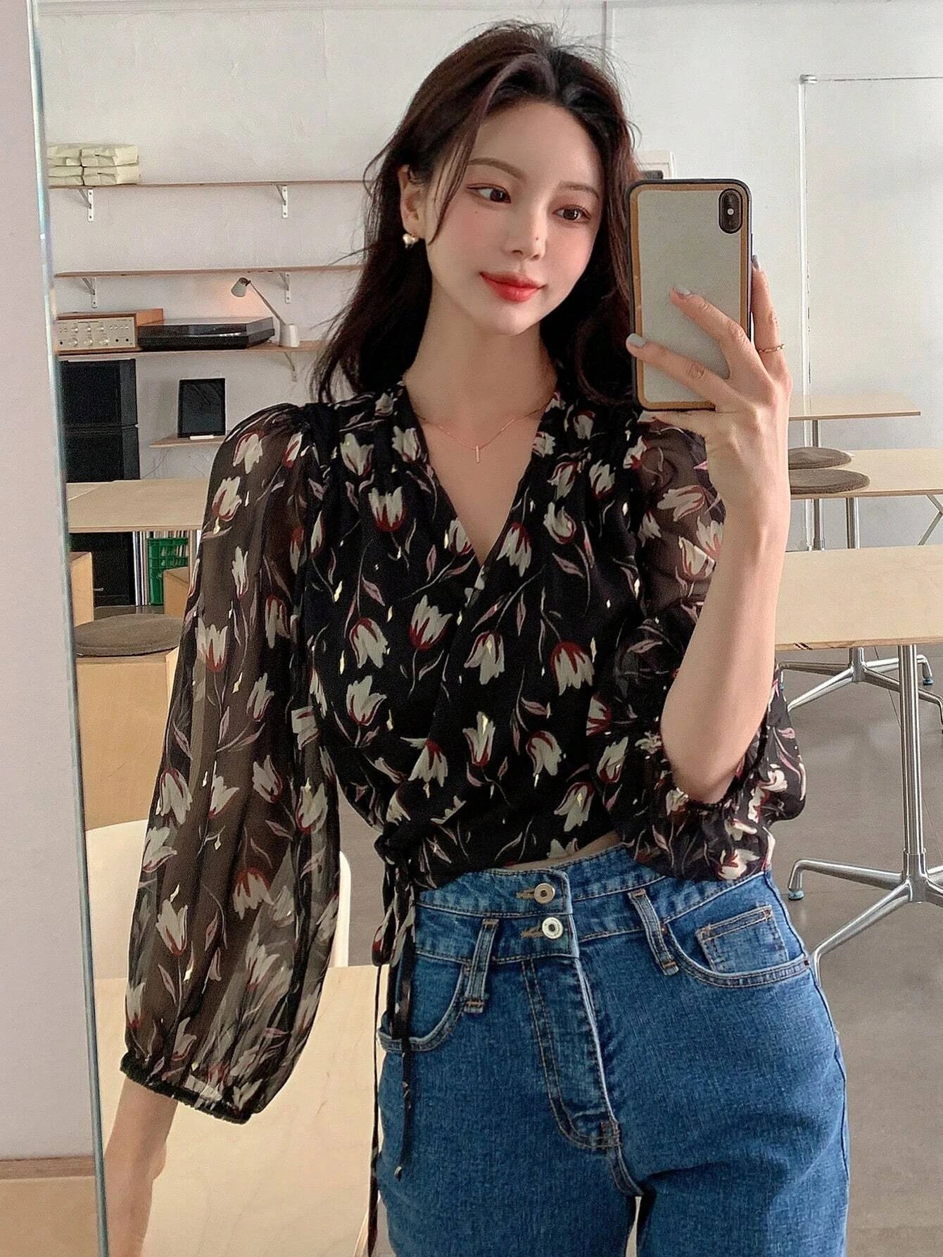  | SHEIN DAZY Floral Print Lantern Sleeve Wrap Detail Blouse | Shirt | Shein | OneHub