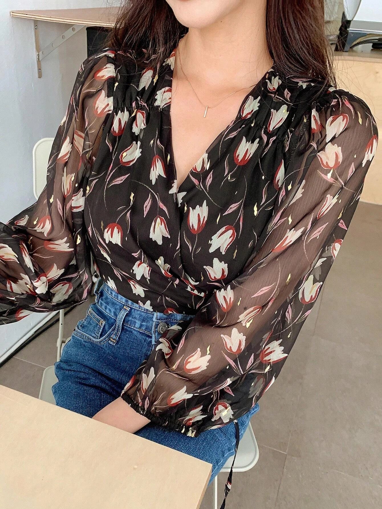  | SHEIN DAZY Floral Print Lantern Sleeve Wrap Detail Blouse | Shirt | Shein | OneHub