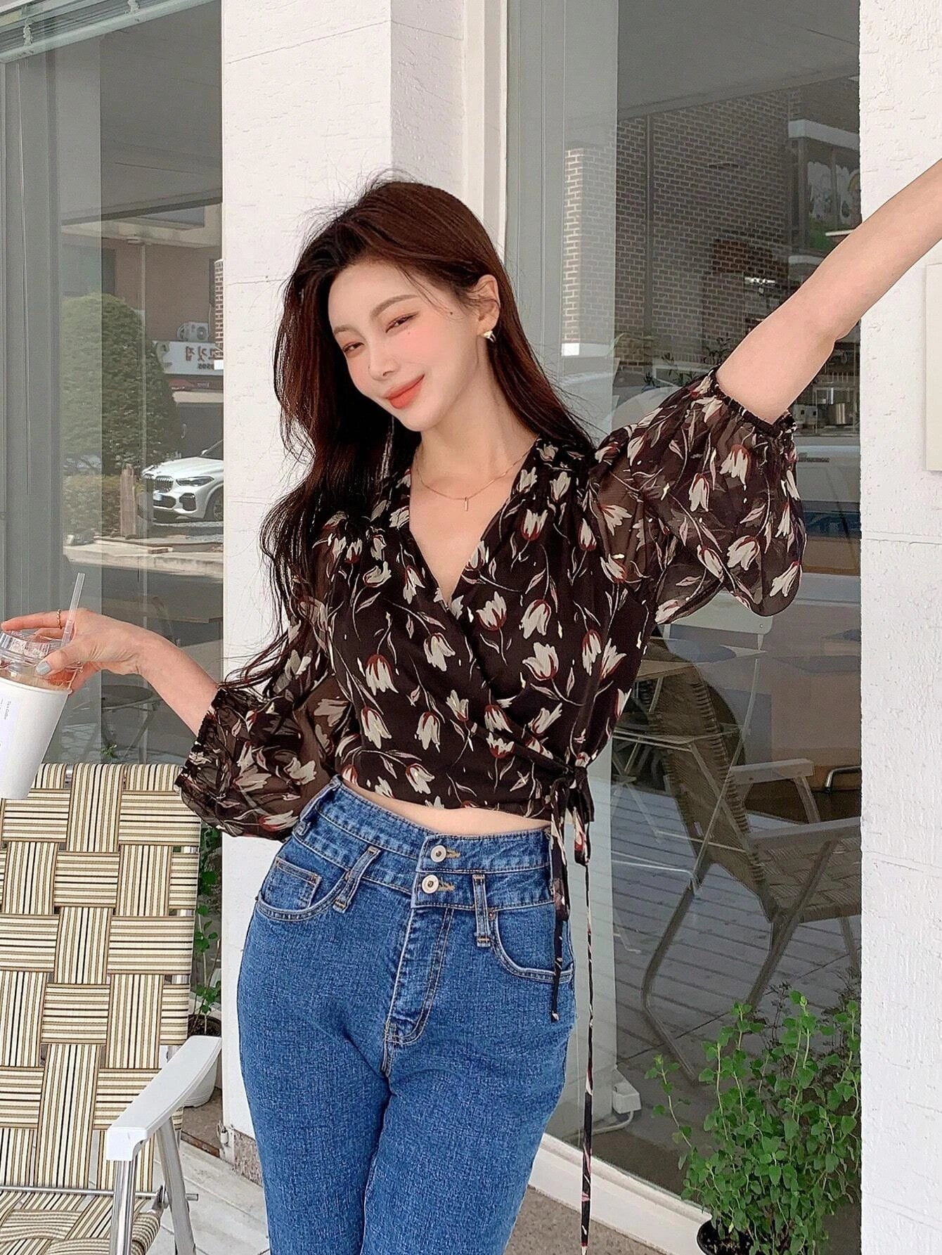  | SHEIN DAZY Floral Print Lantern Sleeve Wrap Detail Blouse | Shirt | Shein | OneHub