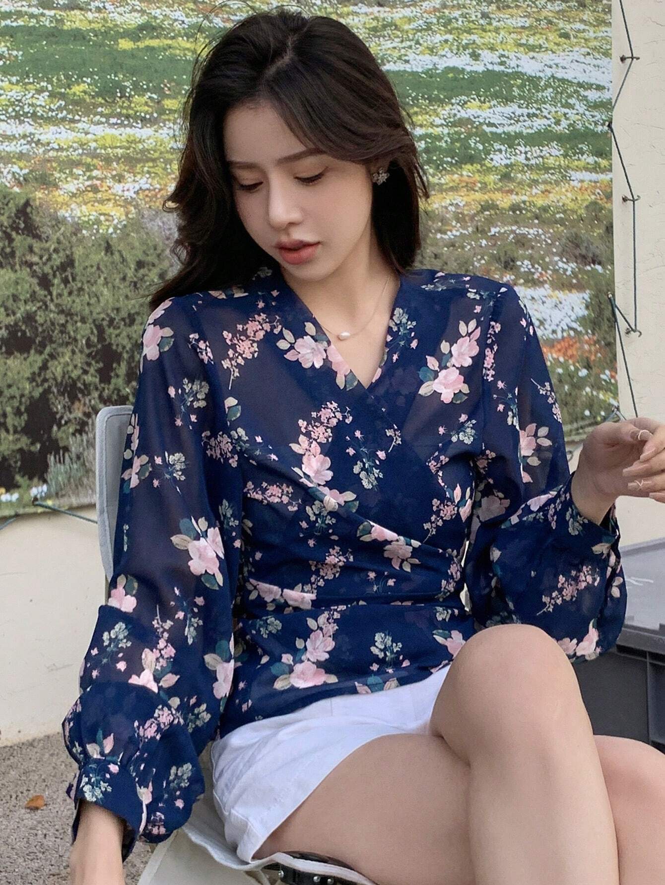  | SHEIN DAZY Floral Print Surplice Neck Lantern Sleeve Blouse | Top | Shein | OneHub