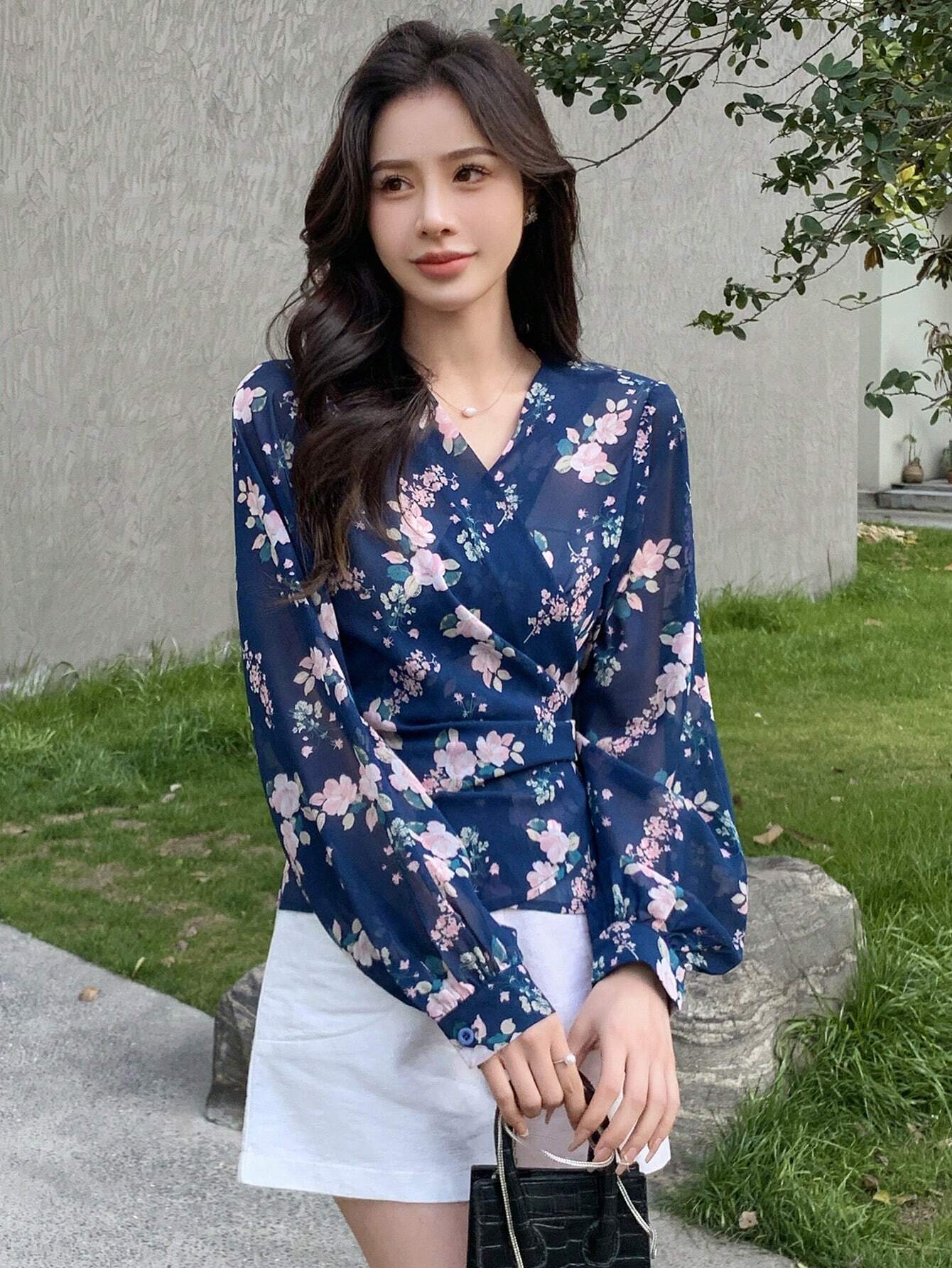  | SHEIN DAZY Floral Print Surplice Neck Lantern Sleeve Blouse | Top | Shein | OneHub