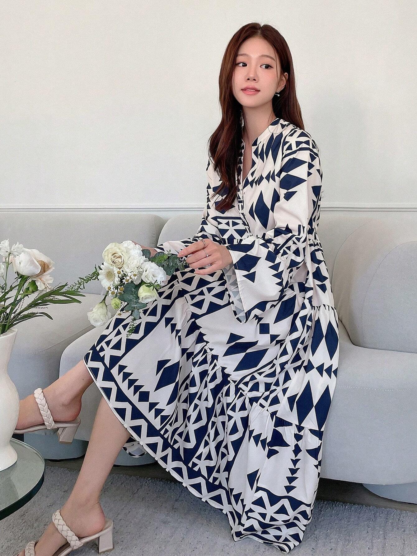  | SHEIN DAZY Geometric Pattern Allover Print Notched Neck Flared Sleeve Loose Fit Dress | Dress | Shein | OneHub