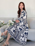 SHEIN DAZY Geometric Pattern Allover Print Notched Neck Flared Sleeve Loose Fit Dress