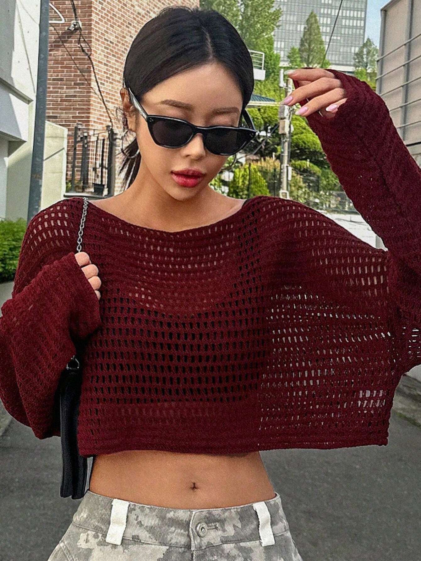  | SHEIN DAZY Hollow Out Round Neck Drop Shoulder Oversize Crop Sweater,Long Sleeve Tops Summer Sheer | Top | Shein | OneHub