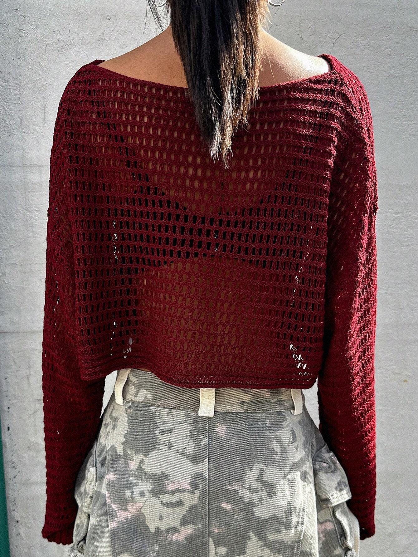 | SHEIN DAZY Hollow Out Round Neck Drop Shoulder Oversize Crop Sweater,Long Sleeve Tops Summer Sheer | Top | Shein | OneHub