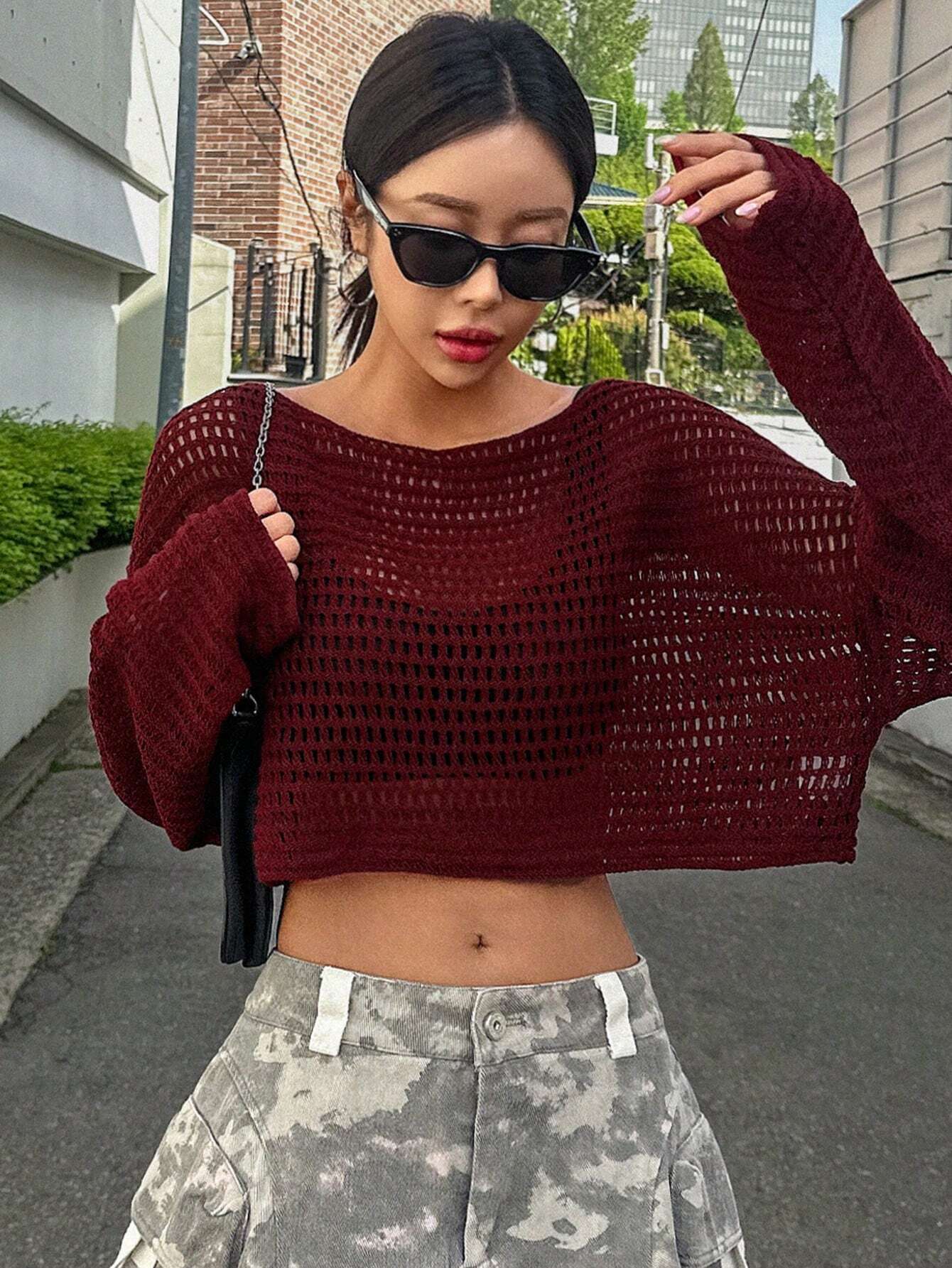  | SHEIN DAZY Hollow Out Round Neck Drop Shoulder Oversize Crop Sweater,Long Sleeve Tops Summer Sheer | Top | Shein | OneHub