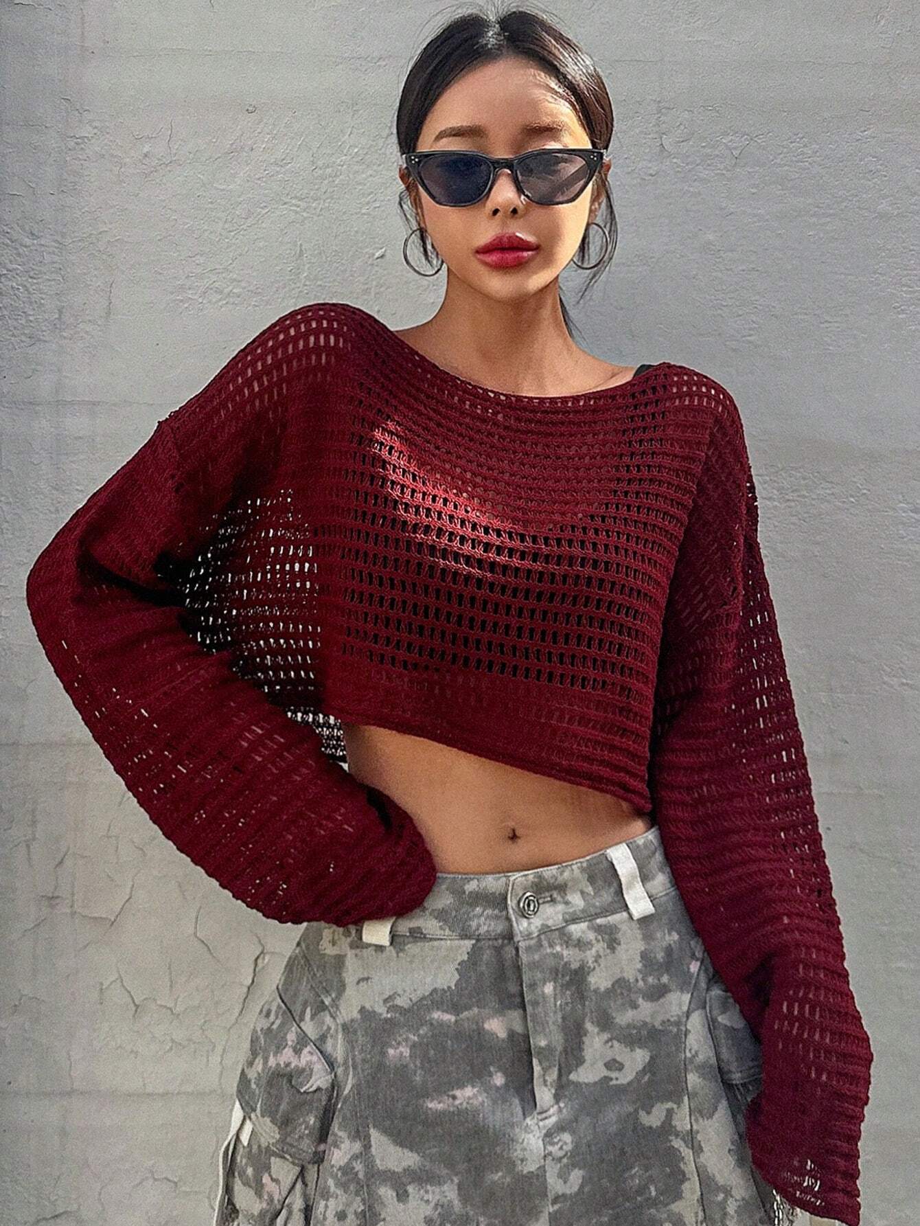  | SHEIN DAZY Hollow Out Round Neck Drop Shoulder Oversize Crop Sweater,Long Sleeve Tops Summer Sheer | Top | Shein | OneHub