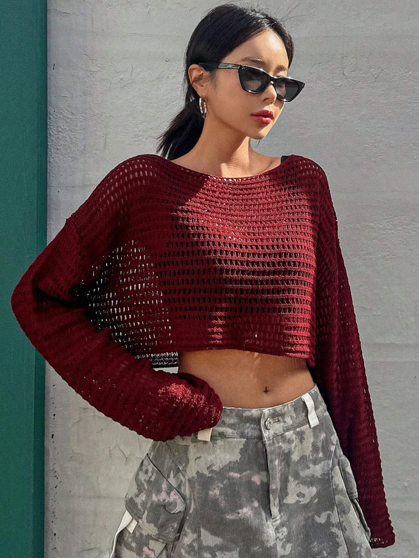  | SHEIN DAZY Hollow Out Round Neck Drop Shoulder Oversize Crop Sweater,Long Sleeve Tops Summer Sheer | Top | Shein | OneHub